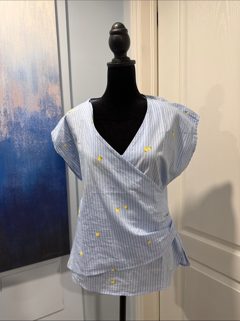 Simply Vera Vera Wang Light Blue Striped Wrap Blouse with Yellow Dot Detail